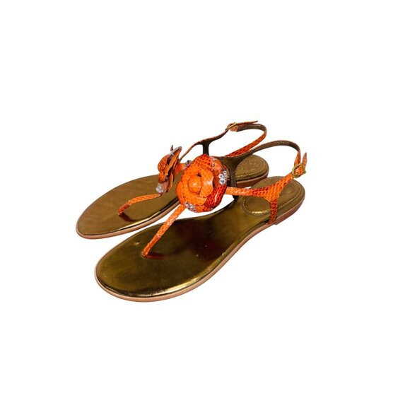 Vince Camuto Orange Snake-Embossed Flat Sandals 9 Gold Leather Flower Accent - Picture 4 of 11